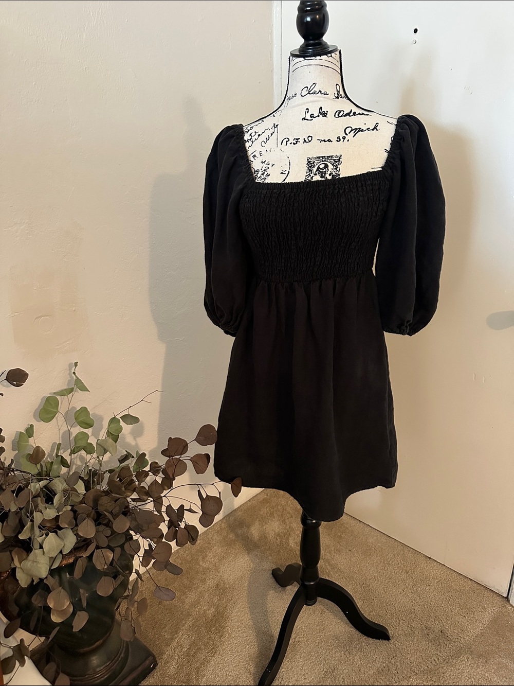 TUCKERNUCK Black Smocked ANNIE Mini Dress Square Neck Puff Sleeve Women's S